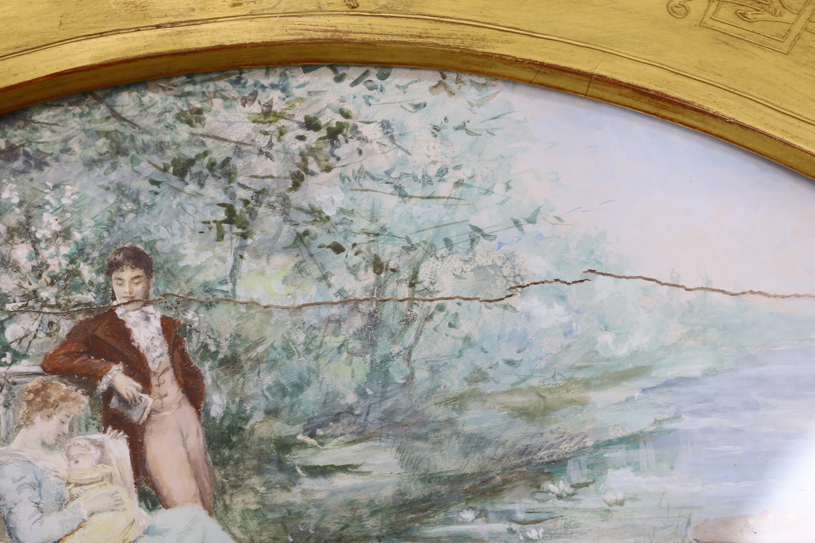 Helena Mostingles (19th C.), watercolour, 'Family group under trees', signed and dated 1890, fan shaped, 34 x 67cm (a.f.)